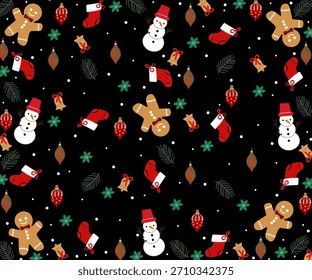 Christmas themed seamless repeating pattern on a black background.