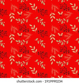 Christmas themed seamless vector pattern with gold elements on a red background