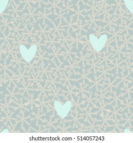 Christmas themed snowflakes pattern with pastel aqua color hearts and pastel blue background. Isolated vector elements and hand drawn objects. Beautiful seamless repeat for your design.