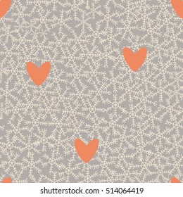 Christmas themed snowflakes pattern with pastel orange hearts and pastel grey background. Isolated vector elements and hand drawn objects.  Seamless repeat for your design.