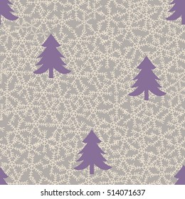 Christmas themed snowflakes pattern with pastel purple Christmas trees and pastel grey background. Isolated vector elements and hand drawn objects. Fun & bright seamless repeat for your design. 