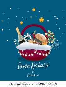 Christmas themed template set. Happy Christmas written in Italian. Merry Christmas greeting card, Christmas decorations, retro design. Vector.