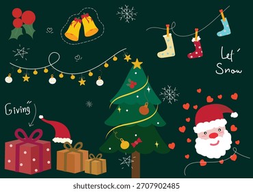 Christmas themed vector illustration featuring a decorated Christmas tree, Santa Claus, gift boxes, hanging stockings, festive garlands, snowflakes, and holiday elements in a cute hand-drawn style on 