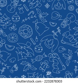 Christmas themed vector seamless pattern. Minimalistic, light blue on dark blue, lineart, Christmas tree, holly, wreath, lights, candy, ornaments, gifts, gingerbread man, snowman