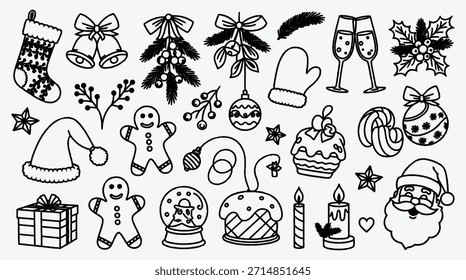 Navidades conjunto de Vector temático de ilustraciones de vacaciones en estilo de contorno