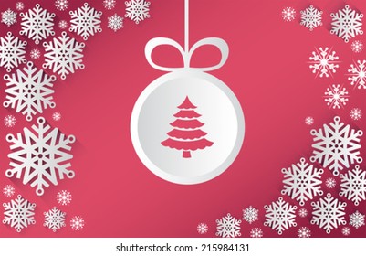 Christmas themed vector with snowflake and bauble on pink background