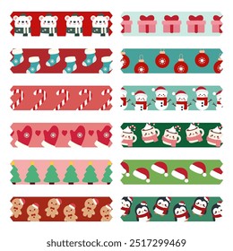 Christmas Themed Washi Tape with Kawaii Holiday Patterns. Cute Christmas Decorative Tape with Snowmen, Gifts, and Candy Canes. Festive Washi Tape Set.