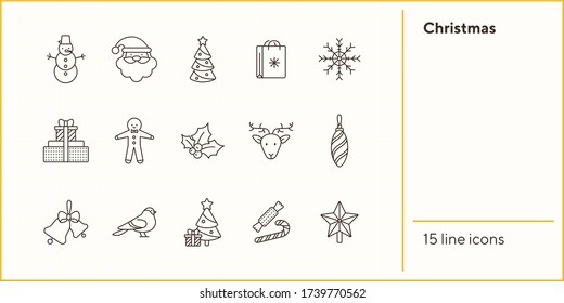 Christmas thin line icon collection. Christmas tree, reindeer, present sign pack. Winter holidays concept. Vector illustration symbol elements for web design and apps