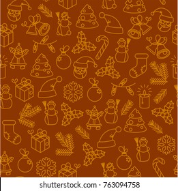 Christmas thin line icon seamless pattern, Happy New Year Holiday tile background. Doodle outline  elements, snowflakes, snowman, Santa, holly, gift box, garland, candle, candy wrapping paper texture.