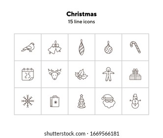 Juego de iconos de línea delgada de Navidad. Pan de jengibre, panecillo de Papá Noel. Concepto de vacaciones de invierno. Elementos de símbolo de ilustración vectorial para diseño web y aplicaciones