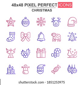 Christmas thin line icon set. Christmas tree, santa hat, deer, snowman, candy stick, holly berry, candle unique icons. Outline vector bundle for UI UX design. 48x48 pixel perfect linear pictogram pack