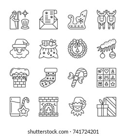 Christmas thin line icon set. New year vector linear symbol pack. Outline sign without fill. Editable stroke. Simple graphic collection. Web, print, card, poster design. Flat style. Isolated on white