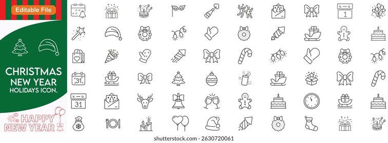 Christmas thin line icons, and happy new year line icon set.. Editable stroke