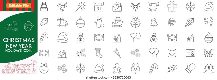 Christmas thin line icons, and happy new year line icon set.. Editable stroke