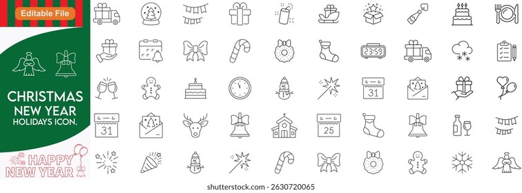 Christmas thin line icons, and happy new year line icon set.. Editable stroke