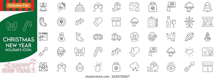 Christmas thin line icons, and happy new year line icon set.. Editable stroke