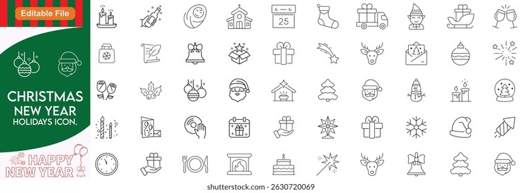 Christmas thin line icons, and happy new year line icon set.. Editable stroke
