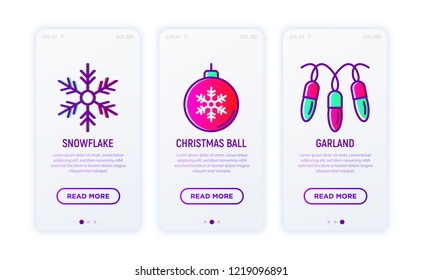 Christmas thin line icons set: snowflake, christmas ball, garland. Vector illustration for  user mobile interface.