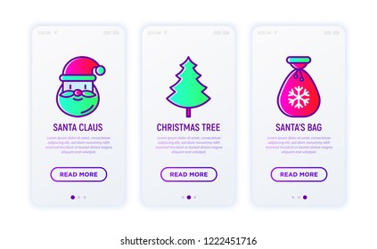 Christmas thin line icons set: Santa Claus, Santa's bag, Christmas tree. Modern vector illustration for user mobile interface.