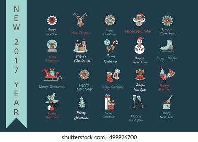 Christmas thin line icons set. Modern icons for New Year 2017 with winter and year symbols - snowflake, Santa, reindeer sleigh, champagne, ice skating, gifts, rooster, etc.