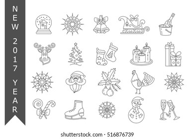 Christmas thin line icons set. Modern icons for New Year 2017 with winter and year symbols - snowflake, Santa, reindeer sleigh, champagne, ice skating, gifts, rooster, etc.