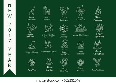 Christmas thin line icons set. Modern icons for New Year 2017 with winter and year symbols - snowflake, Santa, reindeer sleigh, champagne, ice skating, gifts, rooster, etc.