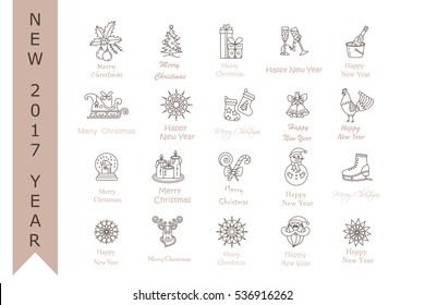 Christmas thin line icons set. Modern icons for New Year 2017 with winter and year symbols - snowflake, Santa, reindeer sleigh, champagne, ice skating, gifts, rooster, etc.