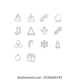 Navidades - conjunto de iconos de Vector de línea delgada. Pixel perfecto. El conjunto contiene íconos como Papá Noel, Navidades, regalo, renos, árbol de Navidad, copo de nieve.