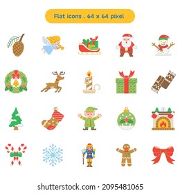 Cosas navideñas Juego de iconos de vector plano. Una colección como Santa Claus, reno, elfo y chimenea. Dimensiones 64x64 píxeles.