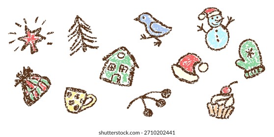 Christmas things. Holiday set. Tree, snowman, bird, Santa Claus hat, cup, cake, mitten, star, house. Crayon, pastel chalk or pencil kids hand drawing doodle funny style. Cartoon flat art simple vector