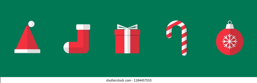 Christmas things like santa hat, christmas stocking, present box, candy cane, christmas ball. With only red & white gimmick. Green plain background. Simple flat style. 