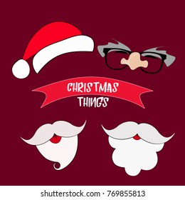 Christmas things. Santa Claus hat and beard.