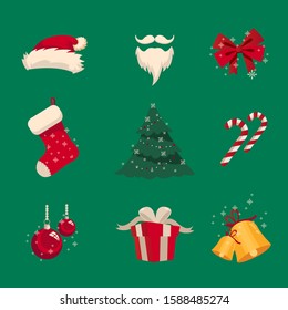 Christmas things, santa hat, christmas stocking, present box, candy cane, christmas toy, tree, bells, beard of santa claus. Green plain background. Simple flat style.
