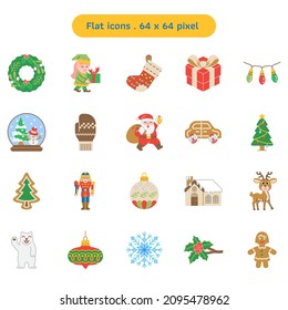 Christmas things Vol.2 Flat vector icon set. A collection such as Santa Claus, polar bear, elf, and gingerbread. Dimensions 64x64 pixels.