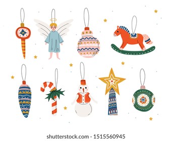 Christmas Three Decorative Elements Hanging on Ribbons Set, Traditional New Year Baubles Collection Vector Illustration
