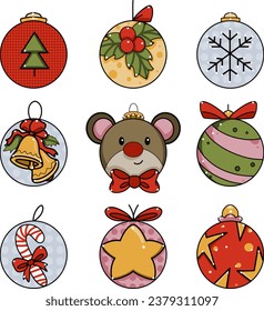 Christmas Three Decorative Elements Hanging on Ribbons Set, Baubles Collection Vector Illustration Conjunto de decorações de Natal