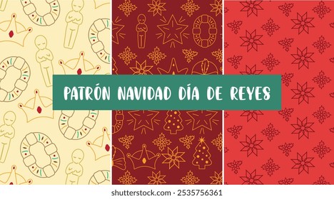 Patrón del día de Navidades y tres reyes con la torta de tres reyes, la muñeca de la torta y la flor de la flor de la flor de la flor de Poinsettia