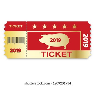 Christmas ticket with pig and date New year on red background. Symbol zodiac Chinese calendar. Vector illustration