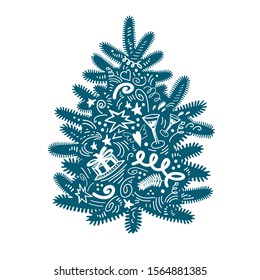 Сartoon Christmas tidewater green tree in doodle style isolated on white background. Stylized vector elements for create New Year gift design, Christmas greeting card, clip art, wrapping paper.