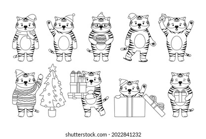Christmas Tiger animal character mascot new year. Tigers in Santa hat, gives gift box Christmas tree, cartoon line black set. Comic cute stripe big cat for calendar clipart symbol Happy New year