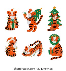Christmas Tiger animal character mascot of 2022 new year. Tigers in Santa hat, gives gift box Christmas tree set. Comic stripe cat for calendar clipart symbol. Happy New year flat vector illustration.