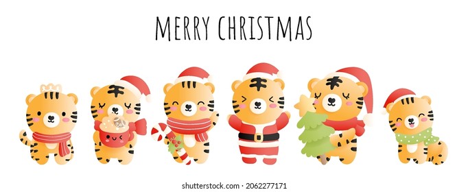Christmas tiger banner. Year of the Tiger. Vector illustration