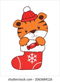 Christmas tiger in a boot.Vector Set of Cute Cartoon Christmas socks.