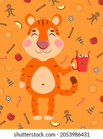 Christmas tiger with a cup of cocoa. Vector illustration for design, print and postcards.