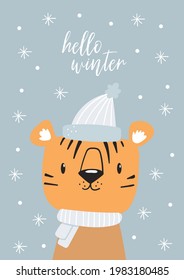 Christmas tiger, Merry Christmas illustrations of cute cats with accessories like a knitted hats, scarfs. Hello winter card or sticker