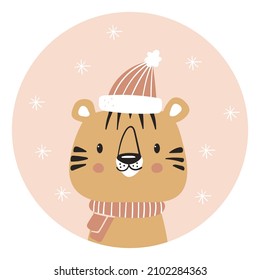 Christmas tiger, Merry Christmas illustrations of cute cats with accessories like a knitted hats, scarfs. Hello winter