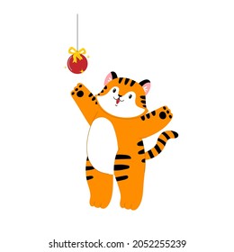 christmas tiger. tiger plays like cat. new year cute cartoon animal. stock flat illustration isolated on white background.
