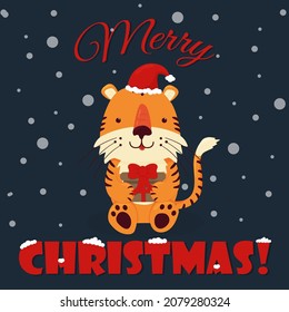Christmas tiger postcard with gifted box cartoon Santa's hat