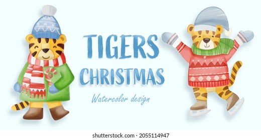 Christmas Tiger watercolor illustration, with a paper background. For design, prints, fabric, or background. Christmas element vector.