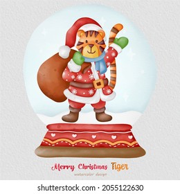 Christmas Tiger watercolor illustration, with a paper background. For design, prints, fabric, or background. Christmas element vector.